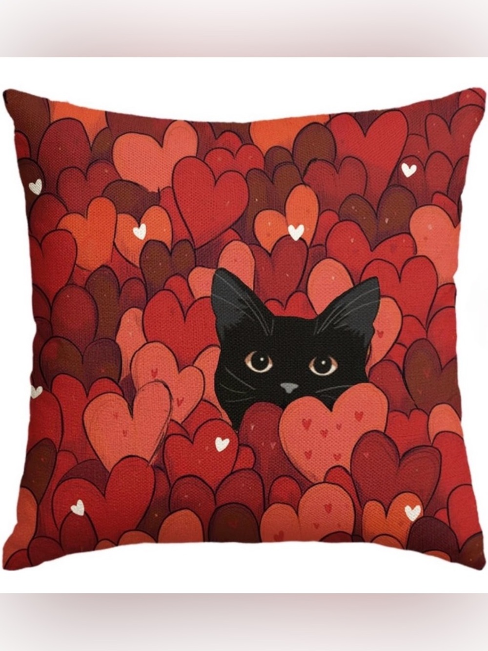 NEW Valentine's Day Red Hearts w/ Black Cat Pillow Cover - 18”x18” - Poly Burlap